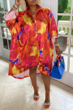 Red Casual Print Patchwork Turndown Collar Shirt Dress Dresses