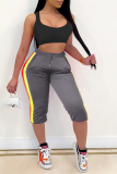 Grey Casual Striped Patchwork Skinny High Waist Pencil Solid Color Bottoms