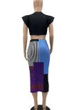 Pink Street Print Patchwork O Neck Sleeveless Two Pieces