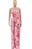 Brown Casual Print Patchwork Strapless Straight Jumpsuits