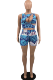 Peacock Blue Sexy Print Patchwork O Neck Sleeveless Two Pieces