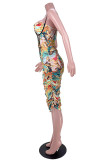 Yellow Fashion Sexy Print Backless Spaghetti Strap Sleeveless Dress
