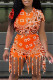 Orange Fashion Casual Print Tassel O Neck Short Sleeve Two Pieces