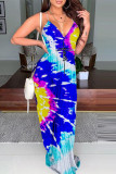 Blue Sexy Print Patchwork Spaghetti Strap Straight Dresses