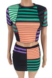 Red Street Striped Print Patchwork O Neck Short Sleeve Two Pieces