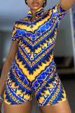 Red Sexy Print Patchwork Zipper Collar Skinny Rompers