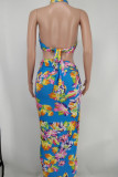 Blue Fashion Sexy Print Backless Halter Sleeveless Two Pieces