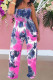 Pink Casual Print Patchwork Spaghetti Strap Straight Jumpsuits