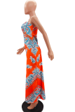 Blue Sexy Print Patchwork Spaghetti Strap Straight Dresses