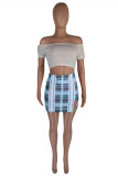 Blue White Sexy Casual Plaid Print Backless Off the Shoulder Short Sleeve Two Pieces