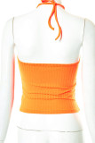 Tangerine Sexy Print Patchwork Frenulum Halter Tops