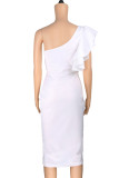 White Fashion Sexy Solid Split Joint One Shoulder Evening Dress