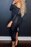 Black Sexy Solid Backless Off the Shoulder Pencil Skirt Dresses