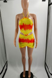 Yellow Sexy Print Hollowed Out Patchwork Halter Pencil Skirt Dresses