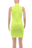 Fluorescent Green Casual Solid Patchwork Zipper Half A Turtleneck Wrapped Skirt Dresses
