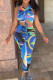Blue Sexy Print Patchwork Draw String V Neck Sleeveless Two Pieces
