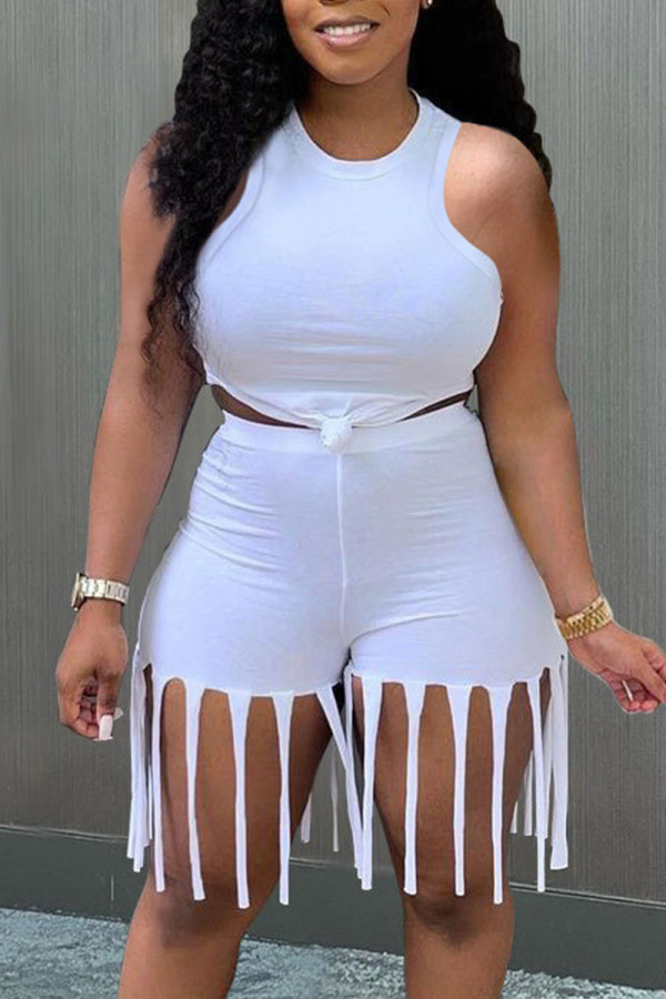 White Solid Tassel Patchwork O Neck Sleeveless Two Pieces