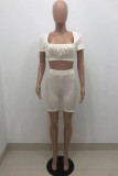 Apricot Fashion Sexy Solid Fold Square Collar Short Sleeve Two Pieces