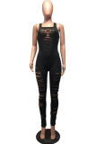 Black Sexy Solid Ripped Square Collar Skinny Jumpsuits
