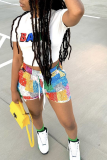 White Casual Print Patchwork O Neck Short Sleeve Two Pieces