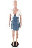 Blue Fashion Patchwork Bandage V Neck Short Sleeve Denim Dress