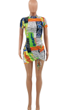 Blue Sexy Print Patchwork O Neck Irregular Dress Dresses