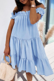 Sky Blue Sweet Solid Patchwork Flounce Off the Shoulder Cake Skirt Dresses