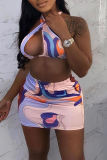 Pink Sexy Print Hollowed Out Patchwork Swimwears