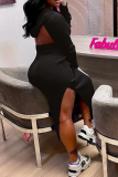 Blue Sexy Solid Backless O Neck Irregular Dress Dresses