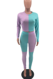 Blue Casual Color Block Patchwork O Neck Long Sleeve Two Pieces