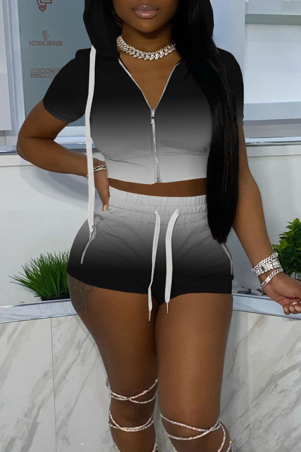 Black Casual Gradual Change Print Patchwork Zipper Hooded Collar Short Sleeve Two Pieces