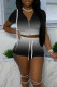 Black Casual Gradual Change Print Patchwork Zipper Hooded Collar Short Sleeve Two Pieces