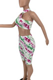 Cyan Casual Print Hollowed Out Patchwork O Neck Sleeveless Two Pieces