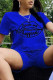 Blue Fashion Casual Print Basic O Neck Short Sleeve Two Pieces