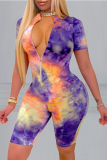 Blue Sexy Striped Tie-dye Zipper Collar Skinny Rompers