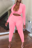Pink Sexy Solid Hollowed Out Patchwork V Neck Long Sleeve Two Pieces