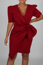 Red Casual Solid Split Joint V Neck Irregular Dress Dresses