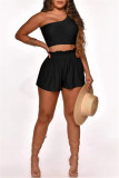 Black Fashion Casual Solid Vests One Shoulder Sleeveless Two Pieces