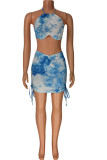 Blue Sexy Print Patchwork Frenulum Halter Sleeveless Two Pieces