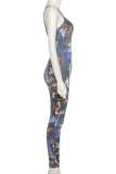 Blue Sexy Print Patchwork Spaghetti Strap Skinny Jumpsuits