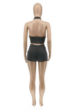 Black Sexy Casual Solid Backless Halter Sleeveless Two Pieces
