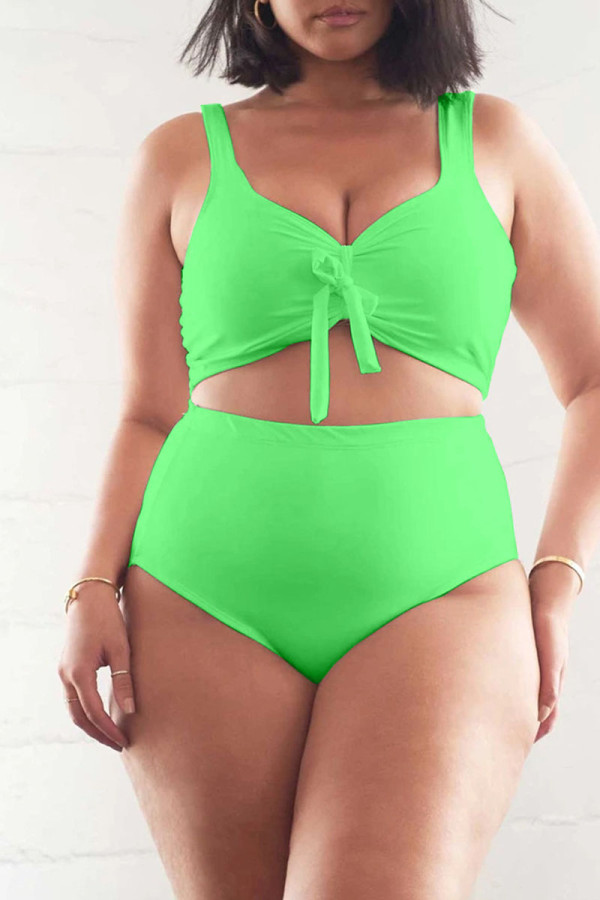 Green Casual Solid Frenulum Fold Swimwears