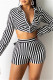 Black Fashion Casual Striped Print Patchwork Turndown Collar Long Sleeve Two Pieces