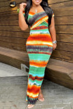 Gold Fashion Casual Print Backless Off the Shoulder Short Sleeve Dress
