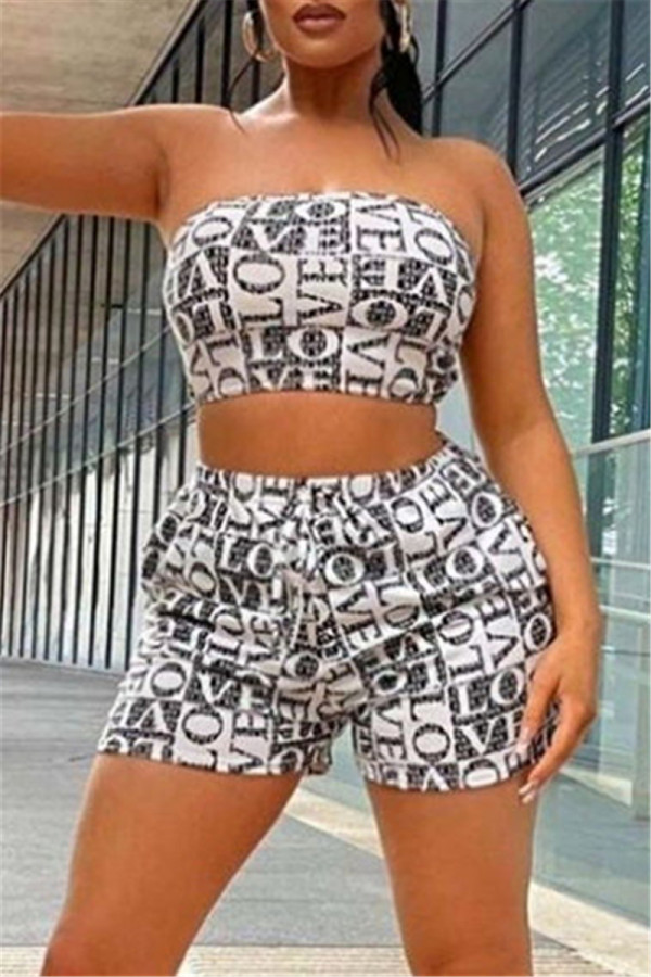 Black Fashion Sexy Print Backless Strapless Sleeveless Two Pieces