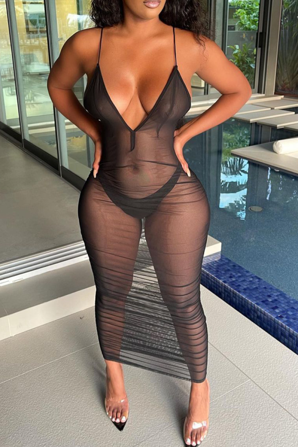 Black Sexy Solid Mesh Spaghetti Strap Pencil Skirt Dresses