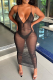 Black Sexy Solid Mesh Spaghetti Strap Pencil Skirt Dresses