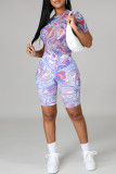 Purple Fashion Casual Print Basic O Neck Short Sleeve Two Pieces