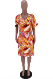 Orange Yellow Fashion Casual Print Basic V Neck Short Sleeve Dress
