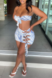 Baby Blue Sexy Print Hollowed Out Patchwork Swimwears